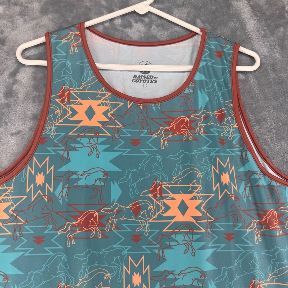 Raised by Coyotes Mens L Tank Top Southwestern Horse Print Blue Red Orange - Picture 6 of 8